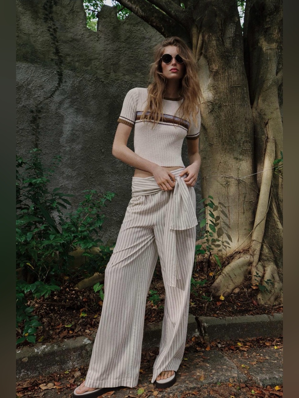Zara Cream Striped Wide-Leg Tie-Waist Pants